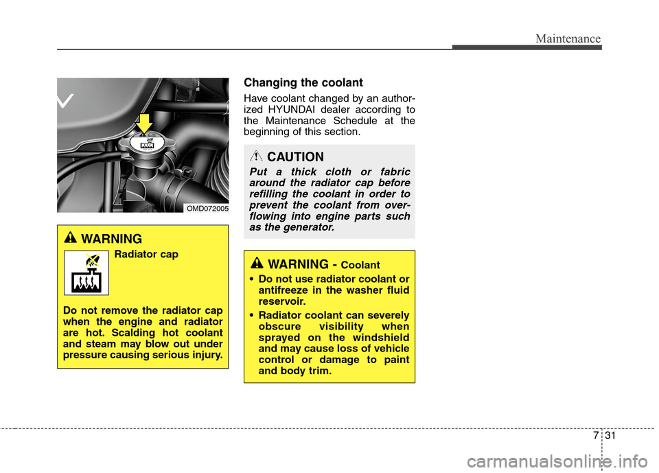 Hyundai Elantra GT 2013 User Guide 731
Maintenance
Changing the coolant
Have coolant changed by an author-
ized HYUNDAI dealer according to
the Maintenance Schedule at the
beginning of this section.
WARNING
Radiator cap
Do not remove t