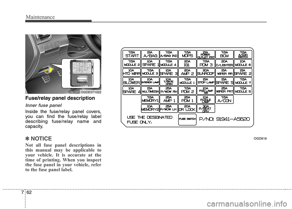 Hyundai Elantra GT 2013  Owners Manual Maintenance
62 7
Fuse/relay panel description
Inner fuse panel
Inside the fuse/relay panel covers,
you can find the fuse/relay label
describing fuse/relay name and
capacity.
✽ ✽
NOTICE
Not all fus