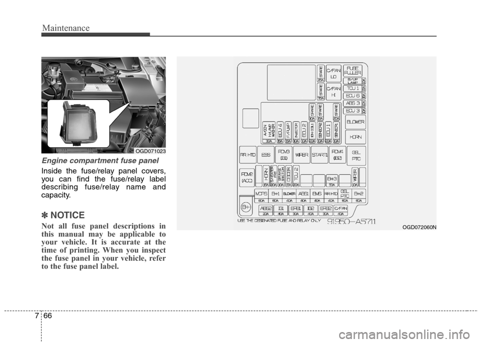 Hyundai Elantra GT 2013  Owners Manual Maintenance
66 7
Engine compartment fuse panel 
Inside the fuse/relay panel covers,
you can find the fuse/relay label
describing fuse/relay name and
capacity.
✽ ✽
NOTICE
Not all fuse panel descrip