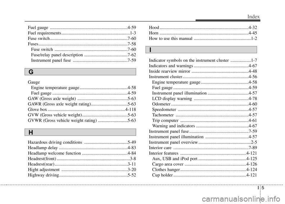Hyundai Elantra GT 2013  Owners Manual I5
Index
Fuel gauge ....................................................................4-59
Fuel requirements ............................................................1-3
Fuse switch .............