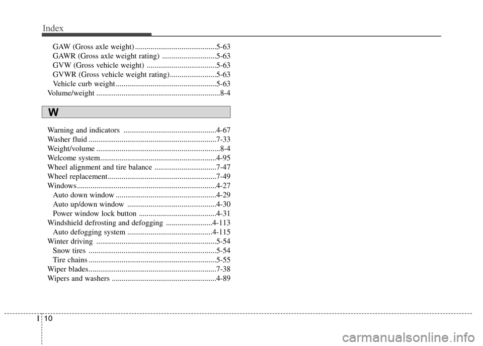 Hyundai Elantra GT 2013  Owners Manual Index
10I
GAW (Gross axle weight) ..........................................5-63
GAWR (Gross axle weight rating) ............................5-63
GVW (Gross vehicle weight) ...........................