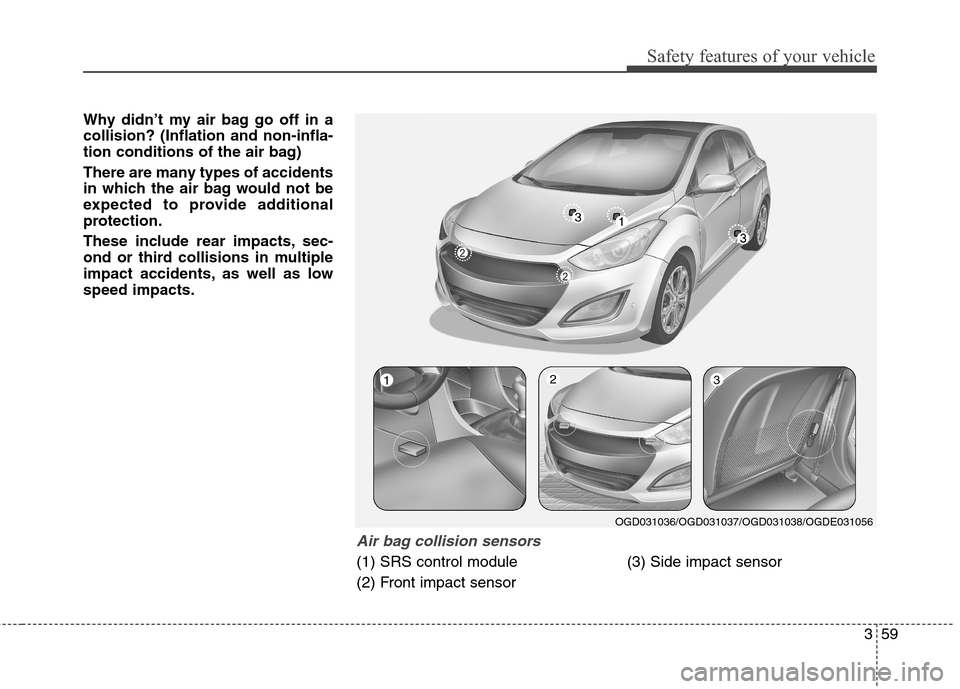 Hyundai Elantra GT 2013  Owners Manual 359
Safety features of your vehicle
Why didn’t my air bag go off in a
collision? (Inflation and non-infla-
tion conditions of the air bag)
There are many types of accidents
in which the air bag woul