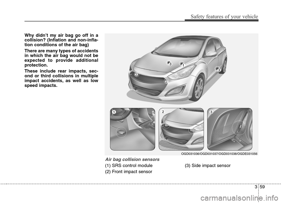 Hyundai Elantra GT 2013 Manual PDF 359
Safety features of your vehicle
Why didn’t my air bag go off in a
collision? (Inflation and non-infla-
tion conditions of the air bag)
There are many types of accidents
in which the air bag woul