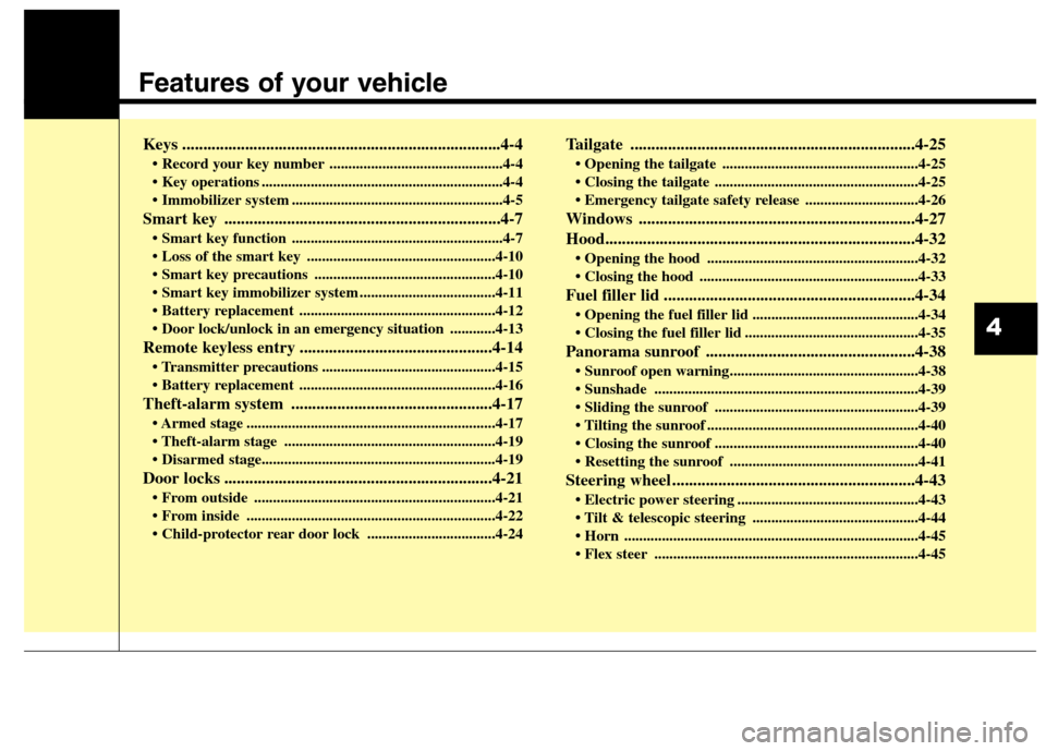 Hyundai Elantra GT 2013  Owners Manual Features of your vehicle
Keys ............................................................................4-4
• Record your key number ..............................................4-4
 ............