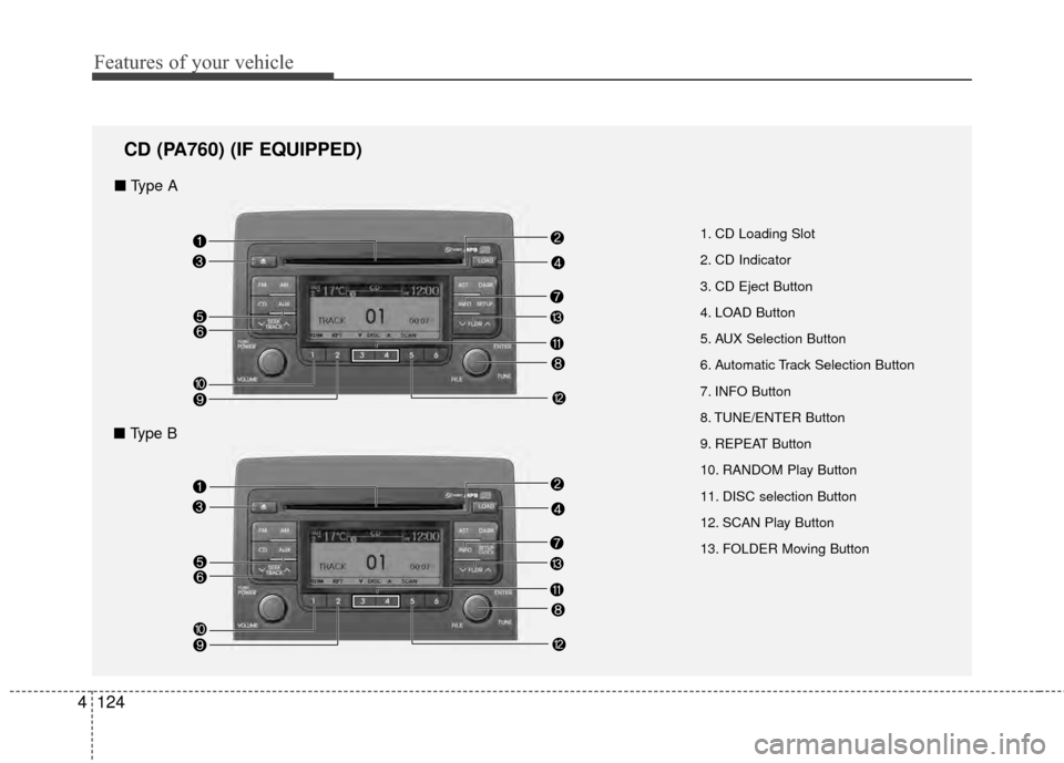 Hyundai Elantra Touring 2012 Owners Manual Features of your vehicle
124
4
1. CD Loading Slot
2. CD Indicator
3. CD Eject Button
4. LOAD Button
5. AUX Selection Button
6. Automatic Track Selection Button
7. INFO Button
8. TUNE/ENTER Button
9. R Hyundai Elantra Touring 2012 Owners Manual Features of your vehicle
124
4
1. CD Loading Slot
2. CD Indicator
3. CD Eject Button
4. LOAD Button
5. AUX Selection Button
6. Automatic Track Selection Button
7. INFO Button
8. TUNE/ENTER Button
9. R