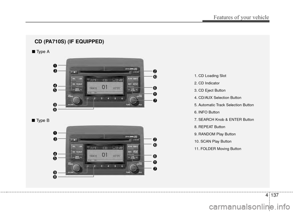 Hyundai Elantra Touring 2012 Owners Manual 4137
Features of your vehicle
1. CD Loading Slot
2. CD Indicator
3. CD Eject Button
4. CD/AUX Selection Button
5. Automatic Track Selection Button
6. INFO Button
7. SEARCH Knob & ENTER Button
8. REPEA Hyundai Elantra Touring 2012 Owners Manual 4137
Features of your vehicle
1. CD Loading Slot
2. CD Indicator
3. CD Eject Button
4. CD/AUX Selection Button
5. Automatic Track Selection Button
6. INFO Button
7. SEARCH Knob & ENTER Button
8. REPEA