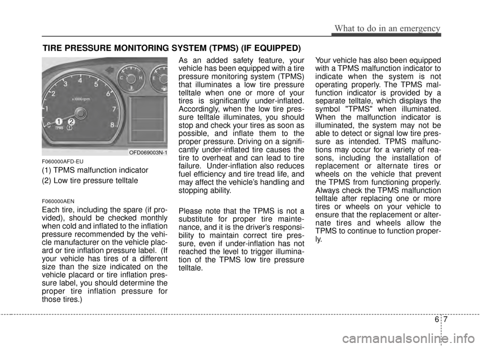 Hyundai Elantra Touring 2012 Owners Manual 67
What to do in an emergency
TIRE PRESSURE MONITORING SYSTEM (TPMS) (IF EQUIPPED)
F060000AFD-EU
(1) TPMS malfunction indicator
(2) Low tire pressure telltale
F060000AEN
Each tire, including the spare Hyundai Elantra Touring 2012 Owners Manual 67
What to do in an emergency
TIRE PRESSURE MONITORING SYSTEM (TPMS) (IF EQUIPPED)
F060000AFD-EU
(1) TPMS malfunction indicator
(2) Low tire pressure telltale
F060000AEN
Each tire, including the spare