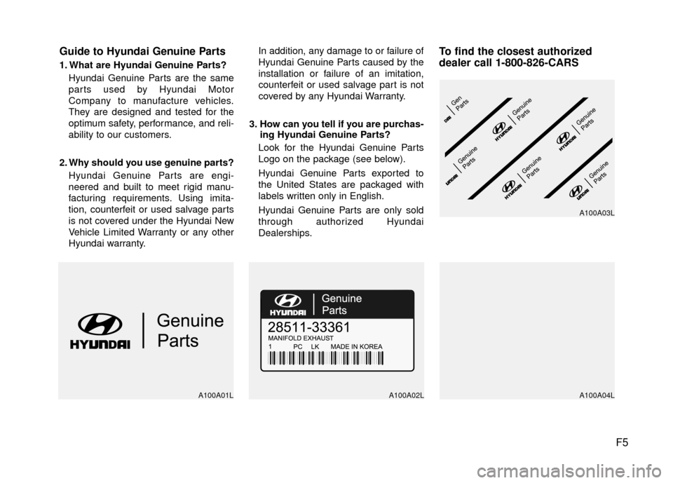 Hyundai Elantra Touring 2012 Owners Manual F5
Guide to Hyundai Genuine Parts
1. What are Hyundai Genuine Parts?
Hyundai Genuine Parts are the same
parts used by Hyundai Motor
Company to manufacture vehicles.
They are designed and tested for th Hyundai Elantra Touring 2012 Owners Manual F5
Guide to Hyundai Genuine Parts
1. What are Hyundai Genuine Parts?
Hyundai Genuine Parts are the same
parts used by Hyundai Motor
Company to manufacture vehicles.
They are designed and tested for th