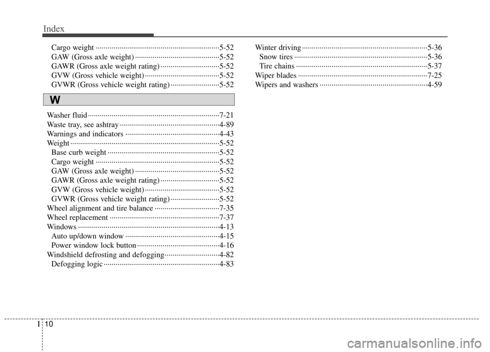 Hyundai Elantra Touring 2012  Owners Manual Index
10I
Cargo weight ··················\
··················\
··················\
·········5-52
GAW (Gross axle weight) ········