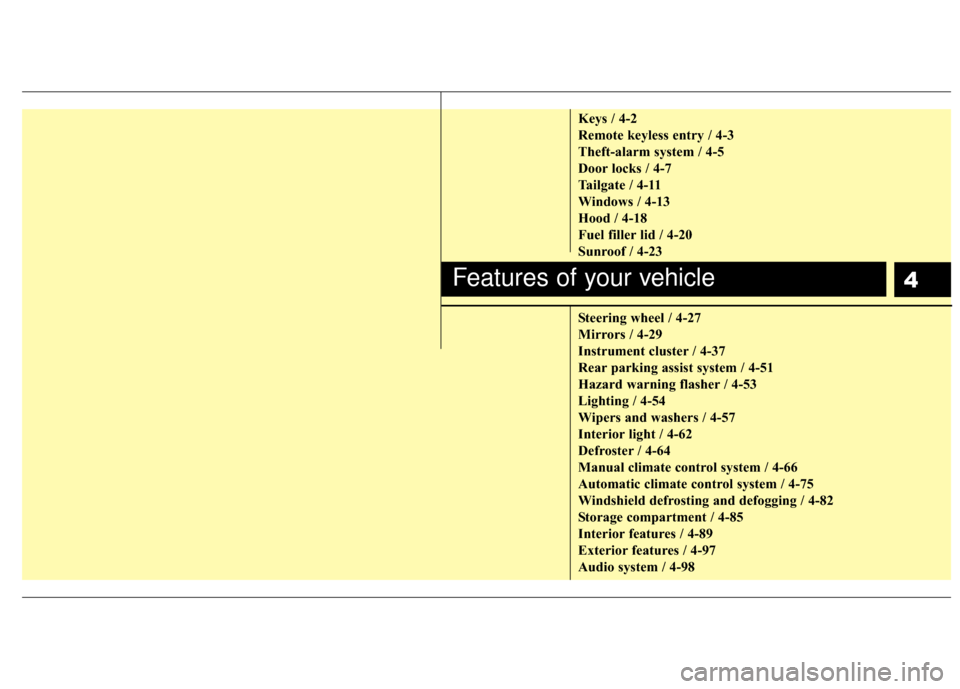 Hyundai Elantra Touring 2012  Owners Manual 4
Keys / 4-2
Remote keyless entry / 4-3
Theft-alarm system / 4-5
Door locks / 4-7
Tailgate / 4-11
Windows / 4-13
Hood / 4-18
Fuel filler lid / 4-20
Sunroof / 4-23
Steering wheel / 4-27
Mirrors / 4-29
