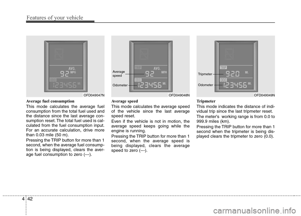 Hyundai Elantra Touring 2011 Owners Manual Features of your vehicle
42 4
Average fuel consumption
This mode calculates the average fuel
consumption from the total fuel used and
the distance since the last average con-
sumption reset. The tota Hyundai Elantra Touring 2011 Owners Manual Features of your vehicle
42 4
Average fuel consumption
This mode calculates the average fuel
consumption from the total fuel used and
the distance since the last average con-
sumption reset. The tota
