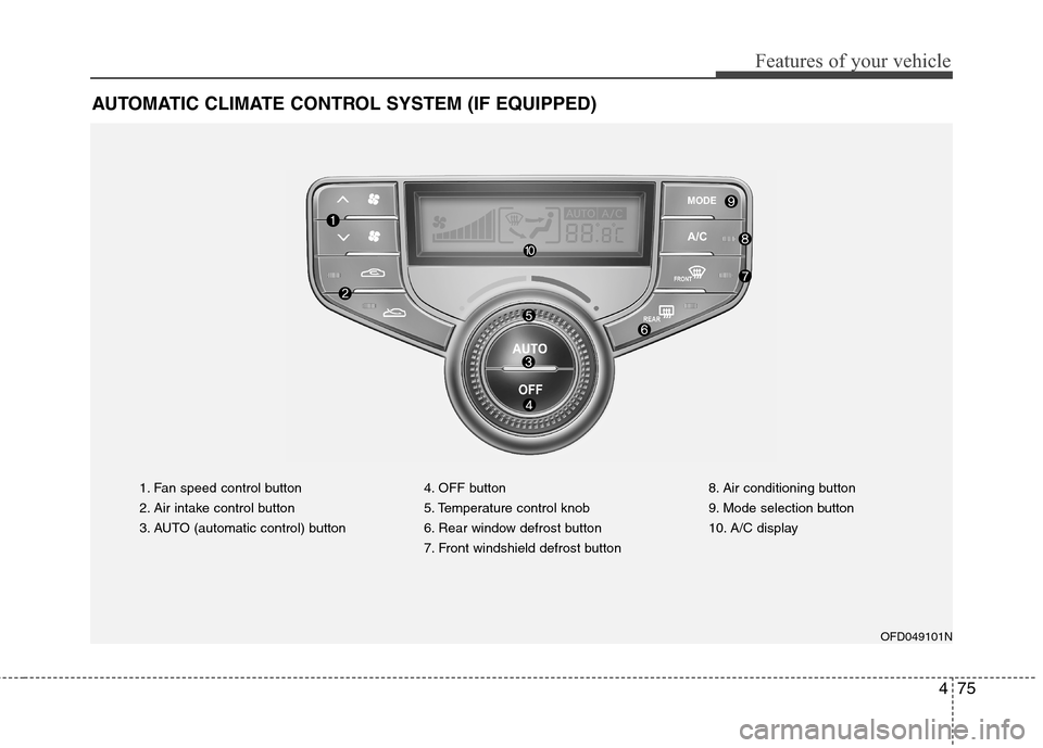 Hyundai Elantra Touring 2011 Owners Manual 475
Features of your vehicle
AUTOMATIC CLIMATE CONTROL SYSTEM (IF EQUIPPED)
1. Fan speed control button
2. Air intake control button
3. AUTO (automatic control) button4. OFF button
5. Temperature cont Hyundai Elantra Touring 2011 Owners Manual 475
Features of your vehicle
AUTOMATIC CLIMATE CONTROL SYSTEM (IF EQUIPPED)
1. Fan speed control button
2. Air intake control button
3. AUTO (automatic control) button4. OFF button
5. Temperature cont