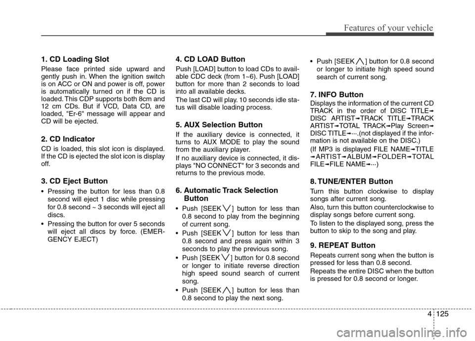 Hyundai Elantra Touring 2011  Owners Manual 4125
Features of your vehicle
1. CD Loading Slot
Please face printed side upward and
gently push in. When the ignition switch
is on ACC or ON and power is off, power
is automatically turned on if the 