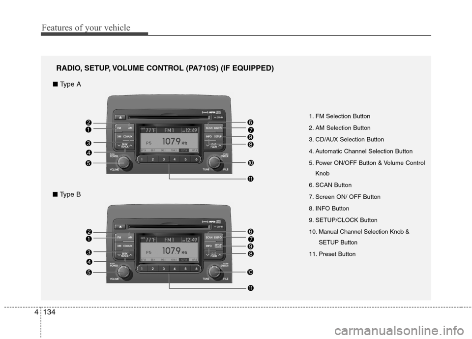 Hyundai Elantra Touring 2011 Owners Manual Features of your vehicle
134 4
1. FM Selection Button
2. AM Selection Button
3. CD/AUX Selection Button
4. Automatic Channel Selection Button
5. Power ON/OFF Button & Volume Control
Knob
6. SCAN Butto Hyundai Elantra Touring 2011 Owners Manual Features of your vehicle
134 4
1. FM Selection Button
2. AM Selection Button
3. CD/AUX Selection Button
4. Automatic Channel Selection Button
5. Power ON/OFF Button & Volume Control
Knob
6. SCAN Butto