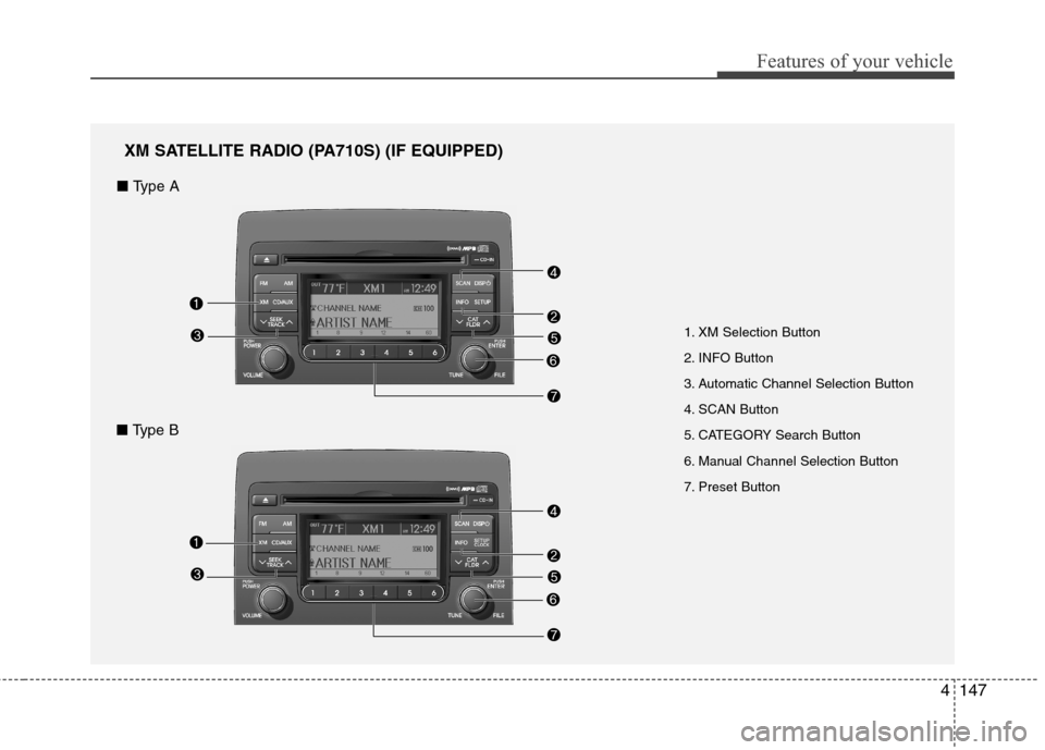 Hyundai Elantra Touring 2011 Owners Manual 4147
Features of your vehicle
1. XM Selection Button
2. INFO Button
3. Automatic Channel Selection Button
4. SCAN Button
5. CATEGORY Search Button
6. Manual Channel Selection Button
7. Preset Button
X Hyundai Elantra Touring 2011 Owners Manual 4147
Features of your vehicle
1. XM Selection Button
2. INFO Button
3. Automatic Channel Selection Button
4. SCAN Button
5. CATEGORY Search Button
6. Manual Channel Selection Button
7. Preset Button
X