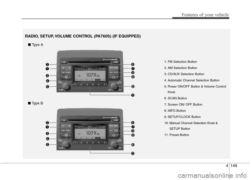 Hyundai Elantra Touring 2011 Owners Manual 4149
Features of your vehicle
1. FM Selection Button
2. AM Selection Button
3. CD/AUX Selection Button
4. Automatic Channel Selection Button
5. Power ON/OFF Button & Volume Control
Knob
6. SCAN Button Hyundai Elantra Touring 2011 Owners Manual 4149
Features of your vehicle
1. FM Selection Button
2. AM Selection Button
3. CD/AUX Selection Button
4. Automatic Channel Selection Button
5. Power ON/OFF Button & Volume Control
Knob
6. SCAN Button