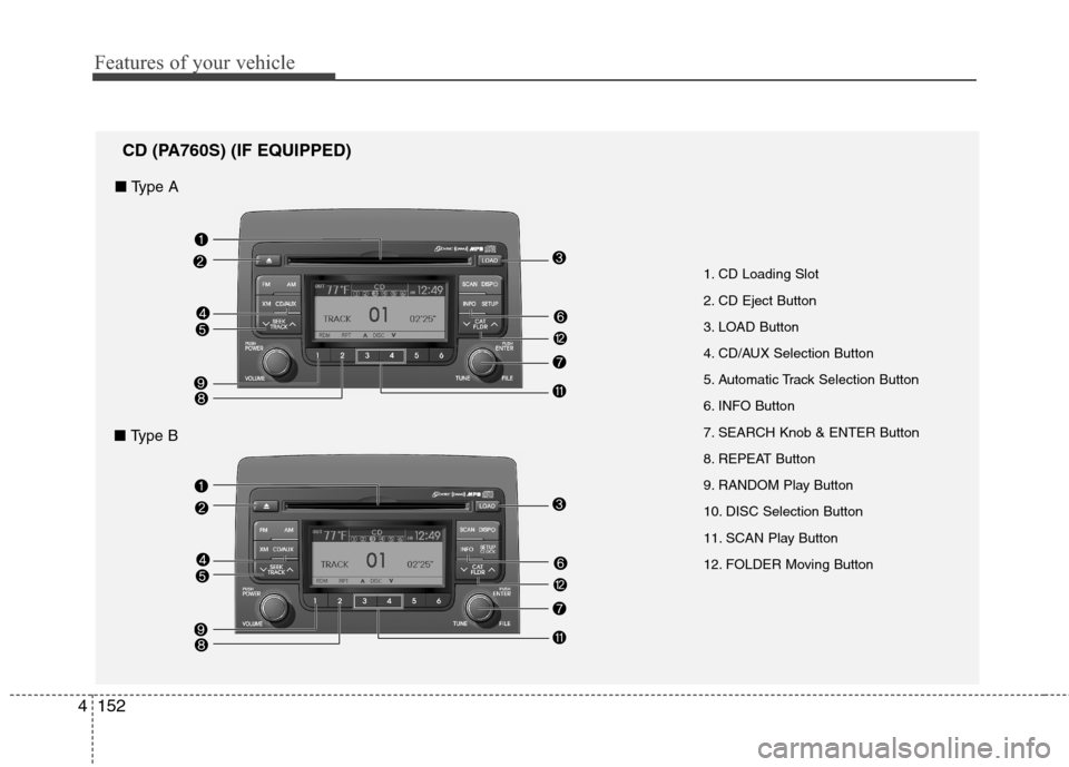 Hyundai Elantra Touring 2011 Owners Manual Features of your vehicle
152 4
1. CD Loading Slot
2. CD Eject Button
3. LOAD Button
4. CD/AUX Selection Button
5. Automatic Track Selection Button
6. INFO Button
7. SEARCH Knob & ENTER Button
8. REPEA Hyundai Elantra Touring 2011 Owners Manual Features of your vehicle
152 4
1. CD Loading Slot
2. CD Eject Button
3. LOAD Button
4. CD/AUX Selection Button
5. Automatic Track Selection Button
6. INFO Button
7. SEARCH Knob & ENTER Button
8. REPEA