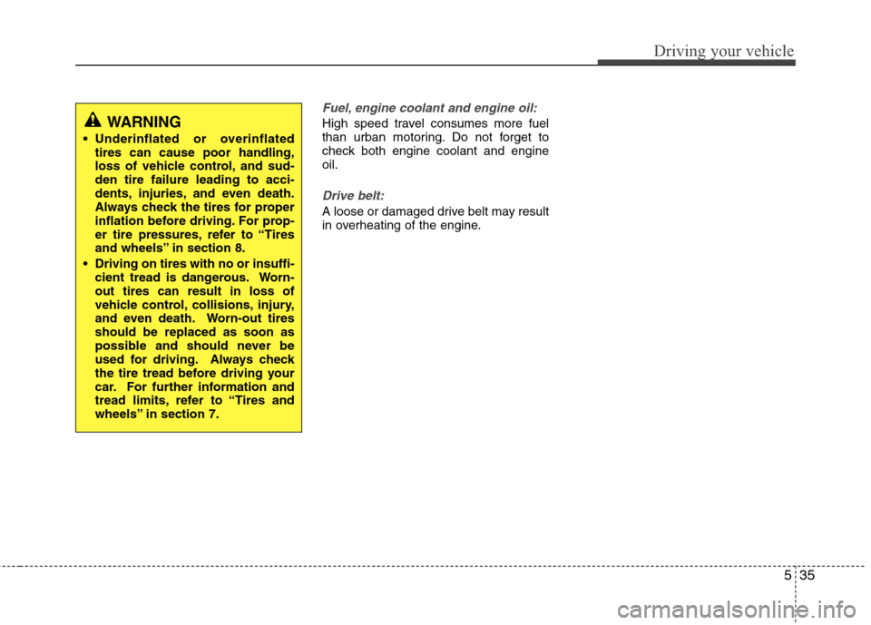 Hyundai Elantra Touring 2011 Owners Manual 535
Driving your vehicle
Fuel, engine coolant and engine oil:
High speed travel consumes more fuel
than urban motoring. Do not forget to
check both engine coolant and engine
oil.
Drive belt:
A loose o Hyundai Elantra Touring 2011 Owners Manual 535
Driving your vehicle
Fuel, engine coolant and engine oil:
High speed travel consumes more fuel
than urban motoring. Do not forget to
check both engine coolant and engine
oil.
Drive belt:
A loose o