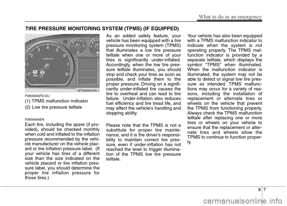 Hyundai Elantra Touring 2011 Owners Manual 67
What to do in an emergency
TIRE PRESSURE MONITORING SYSTEM (TPMS) (IF EQUIPPED)
F060000AFD-EU
(1) TPMS malfunction indicator
(2) Low tire pressure telltale
F060000AEN
Each tire, including the spare Hyundai Elantra Touring 2011 Owners Manual 67
What to do in an emergency
TIRE PRESSURE MONITORING SYSTEM (TPMS) (IF EQUIPPED)
F060000AFD-EU
(1) TPMS malfunction indicator
(2) Low tire pressure telltale
F060000AEN
Each tire, including the spare