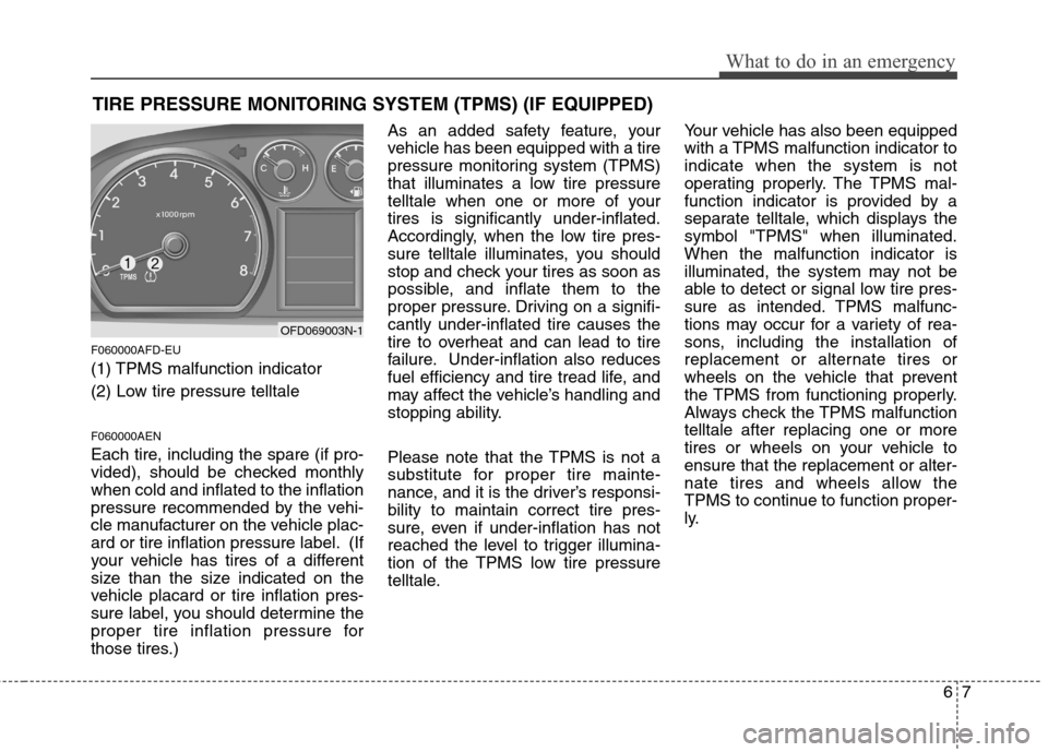 Hyundai Elantra Touring 2011  Owners Manual 67
What to do in an emergency
TIRE PRESSURE MONITORING SYSTEM (TPMS) (IF EQUIPPED)
F060000AFD-EU
(1) TPMS malfunction indicator
(2) Low tire pressure telltale
F060000AEN
Each tire, including the spare