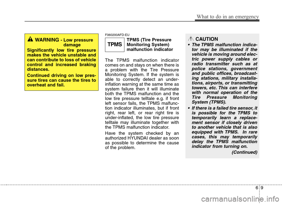 Hyundai Elantra Touring 2011  Owners Manual 69
What to do in an emergency
F060200AFD-EU
TPMS (Tire Pressure
Monitoring System)
malfunction indicator
The TPMS malfunction indicator
comes on and stays on when there is
a problem with the Tire Pres
