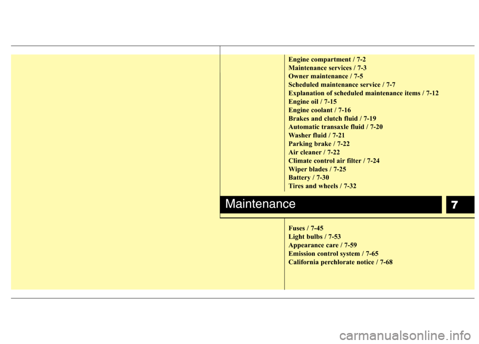 Hyundai Elantra Touring 2011  Owners Manual 7
Engine compartment / 7-2
Maintenance services / 7-3
Owner maintenance / 7-5
Scheduled maintenance service / 7-7
Explanation of scheduled maintenance items / 7-12
Engine oil / 7-15
Engine coolant / 7