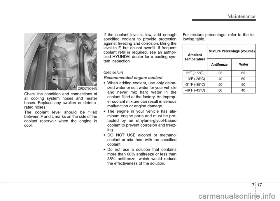 Hyundai Elantra Touring 2011  Owners Manual 717
Maintenance
5°F (-15°C) 35 65
-13°F (-25°C) 40 60
-31°F (-35°C) 50 50
-49°F (-45°C) 60 40
Ambient
TemperatureMixture Percentage (volume)
AntifreezeWater
Check the condition and connections