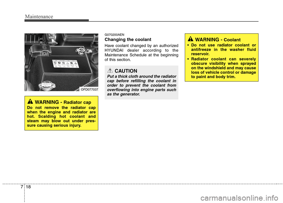 Hyundai Elantra Touring 2011  Owners Manual Maintenance
18 7
G070200AEN
Changing the coolant
Have coolant changed by an authorized
HYUNDAI dealer according to the
Maintenance Schedule at the beginning
of this section.
WARNING - Radiator cap
Do 