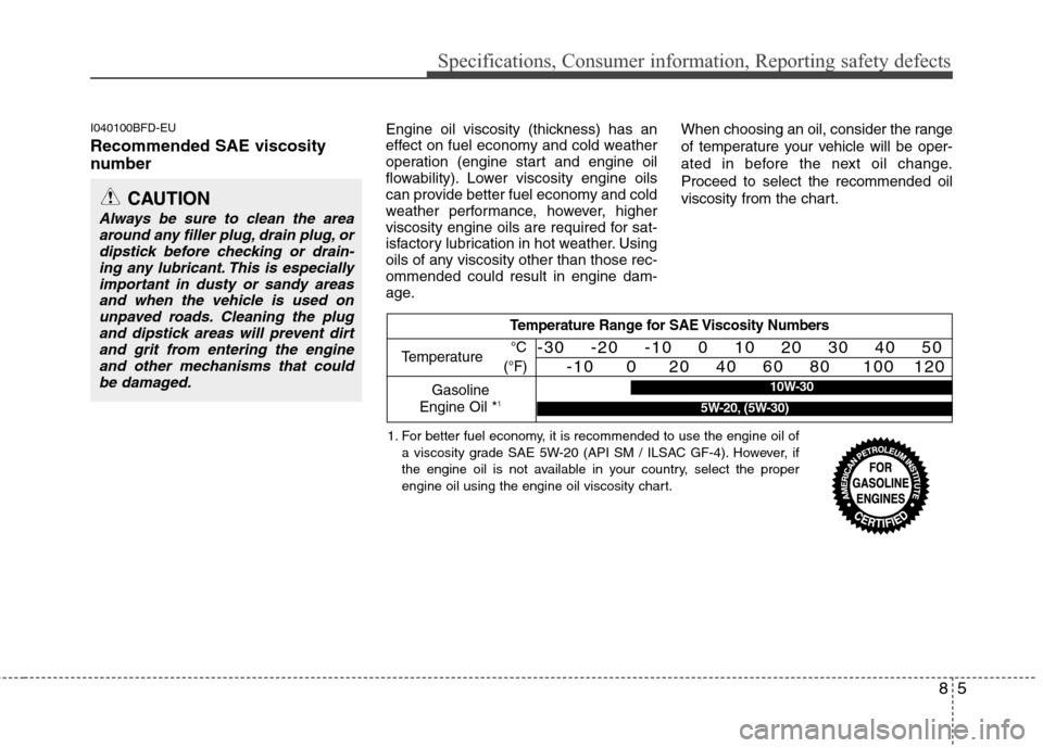 Hyundai Elantra Touring 2011 Owners Manual 85
Specifications, Consumer information, Reporting safety defects
I040100BFD-EU
Recommended SAE viscosity
number
Engine oil viscosity (thickness) has an
effect on fuel economy and cold weather
oper Hyundai Elantra Touring 2011 Owners Manual 85
Specifications, Consumer information, Reporting safety defects
I040100BFD-EU
Recommended SAE viscosity
number
Engine oil viscosity (thickness) has an
effect on fuel economy and cold weather
oper
