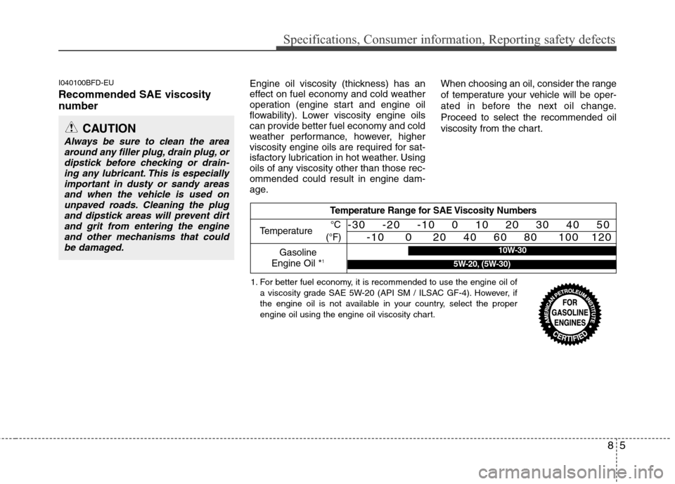 Hyundai Elantra Touring 2011  Owners Manual 85
Specifications, Consumer information, Reporting safety defects
I040100BFD-EU
Recommended SAE viscosity
number   
Engine oil viscosity (thickness) has an
effect on fuel economy and cold weather
oper