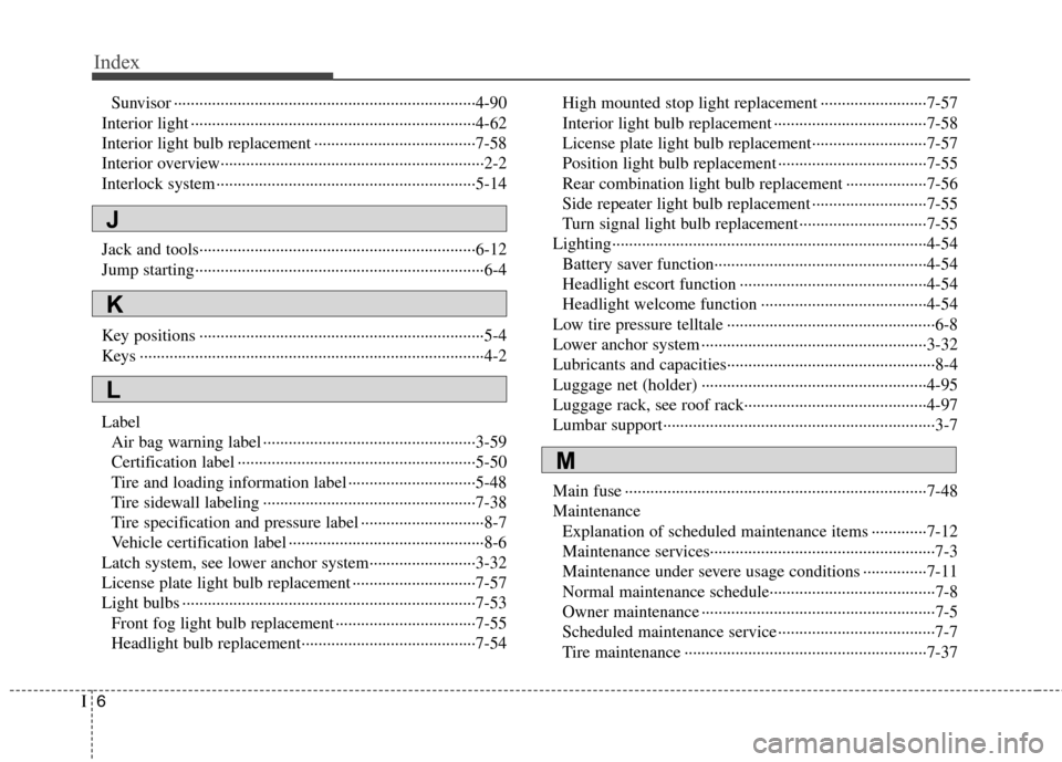 Hyundai Elantra Touring 2011  Owners Manual Index
6I
Sunvisor ·······································································4-90
Interior light ··········