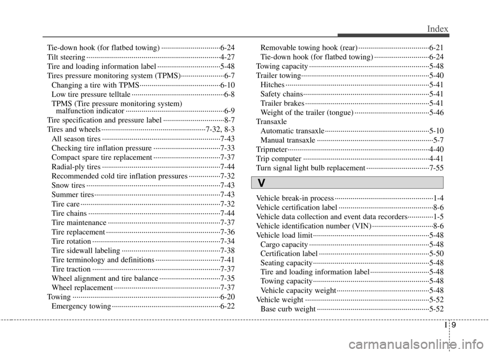 Hyundai Elantra Touring 2011 Owners Manual I9
Index
Tie-down hook (for flatbed towing) ······························6-24
Tilt steering ······································ Hyundai Elantra Touring 2011 Owners Manual I9
Index
Tie-down hook (for flatbed towing) ······························6-24
Tilt steering ······································Â