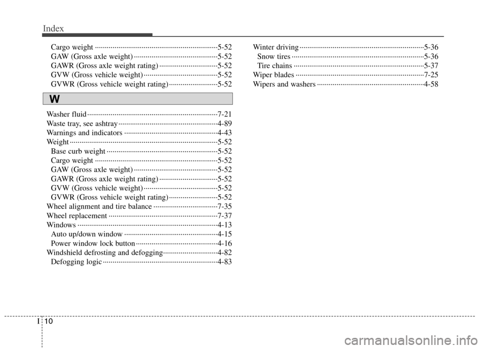 Hyundai Elantra Touring 2011  Owners Manual Index
10I
Cargo weight ·······························································5-52
GAW (Gross axle weight) ···········