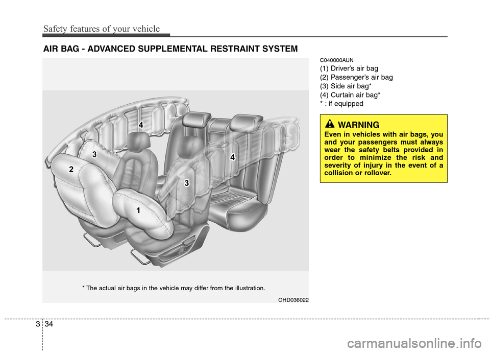 Hyundai Elantra Touring 2011 Workshop Manual Safety features of your vehicle
34 3
C040000AUN
(1) Driver’s air bag
(2) Passenger’s air bag
(3) Side air bag*
(4) Curtain air bag*
* : if equipped
AIR BAG - ADVANCED SUPPLEMENTAL RESTRAINT SYSTEM