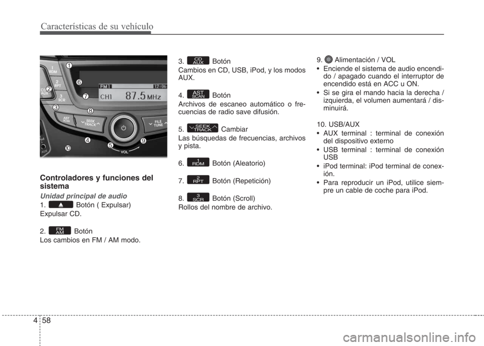 Hyundai Eon 2016  Manual del propietario (in Spanish) Características de su vehículo
58 4
Controladores y funciones del
sistema
Unidad principal de audio
1. Botón ( Expulsar)
Expulsar CD.
2. Botón
Los cambios en FM / AM modo.3. Botón
Cambios en CD, 