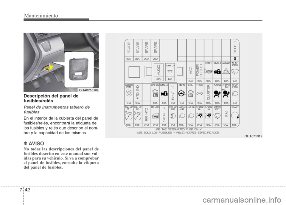 Hyundai Eon 2016  Manual del propietario (in Spanish) Mantenimiento
42 7
Descripción del panel de
fusibles/relés 
Panel de instrumentos tablero de
fusibles
En el interior de la cubierta del panel de
fusibles/relés, encontrará la etiqueta de
los fusib