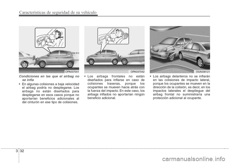 Hyundai Eon 2016  Manual del propietario (in Spanish) Características de seguridad de su vehículo
32 3
Condiciones en las que el airbag no
se infla
• En algunas colisiones a baja velocidad
el airbag podría no desplegarse. Los
airbags no están dise