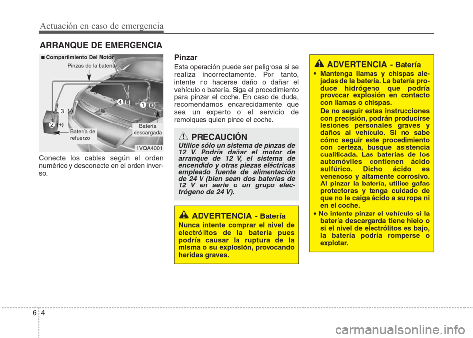 Hyundai Eon 2015 Manual del propietario (in Spanish) Actuación en caso de emergencia
4 6
ARRANQUE DE EMERGENCIA
Conecte los cables según el orden
numérico y desconecte en el orden inver-
so.
Pinzar
Esta operación puede ser peligrosa si se
realiza i Hyundai Eon 2015 Manual del propietario (in Spanish) Actuación en caso de emergencia
4 6
ARRANQUE DE EMERGENCIA
Conecte los cables según el orden
numérico y desconecte en el orden inver-
so.
Pinzar
Esta operación puede ser peligrosa si se
realiza i