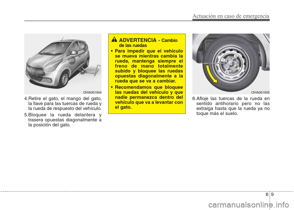 Hyundai Eon 2015  Manual del propietario (in Spanish) 69
Actuación en caso de emergencia
4.Retire el gato, el mango del gato,
la llave para las tuercas de rueda y
la rueda de respuesto del vehículo.
5.Bloquee la rueda delantera y
trasera opuestas diago