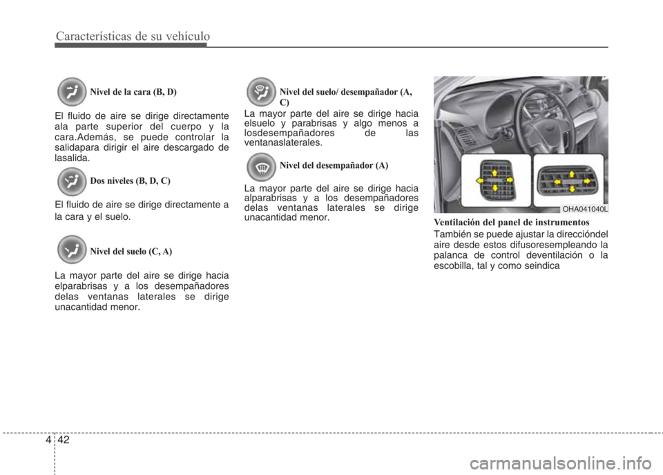 Hyundai Eon 2015 Manual del propietario (in Spanish) Características de su vehículo
42 4
Nivel de la cara (B, D)
El fluido de aire se dirige directamente
ala parte superior del cuerpo y la
cara.Además, se puede controlar la
salidapara dirigir el aire Hyundai Eon 2015 Manual del propietario (in Spanish) Características de su vehículo
42 4
Nivel de la cara (B, D)
El fluido de aire se dirige directamente
ala parte superior del cuerpo y la
cara.Además, se puede controlar la
salidapara dirigir el aire