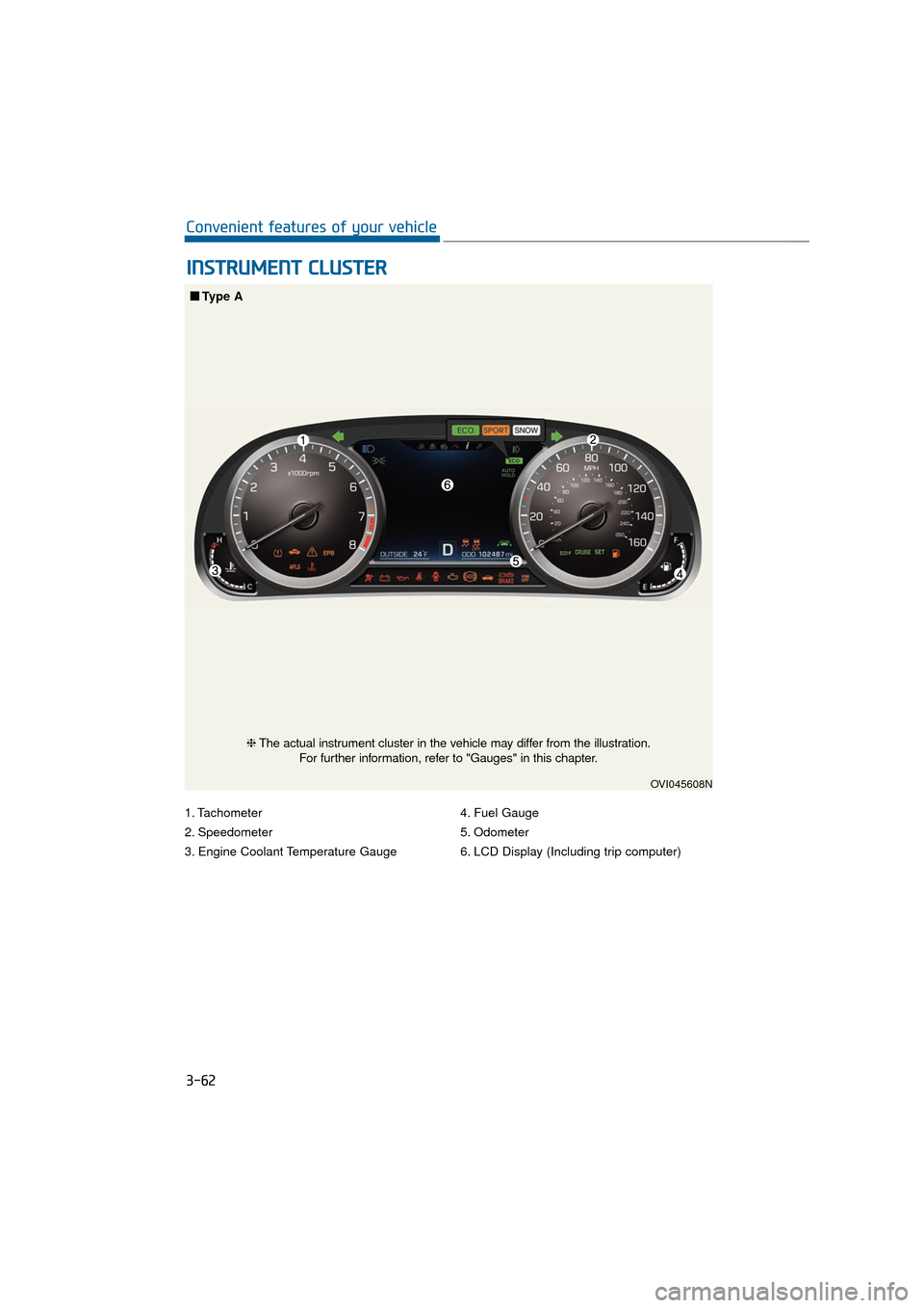 Hyundai Equus 2016 Owners Manual 1. Tachometer
2. Speedometer
3. Engine Coolant Temperature Gauge4. Fuel Gauge
5. Odometer
6. LCD Display (Including trip computer)
I I
N
N S
ST
T R
R U
U M
M E
EN
N T
T
C
C L
LU
U S
ST
T E
ER
R
3-62 Hyundai Equus 2016 Owners Manual 1. Tachometer
2. Speedometer
3. Engine Coolant Temperature Gauge4. Fuel Gauge
5. Odometer
6. LCD Display (Including trip computer)
I I
N
N S
ST
T R
R U
U M
M E
EN
N T
T
C
C L
LU
U S
ST
T E
ER
R
3-62