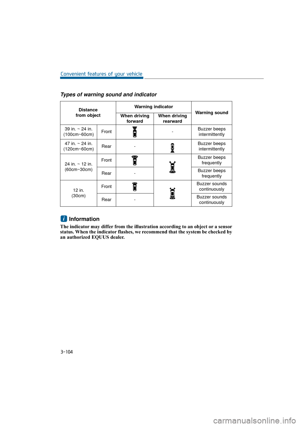 Hyundai Equus 2016 Owners Manual Types of warning sound and indicator
Information
The indicator may differ from the illustration according to an object or a sensor
status. When the indicator flashes, we recommend that the system be c Hyundai Equus 2016 Owners Manual Types of warning sound and indicator
Information
The indicator may differ from the illustration according to an object or a sensor
status. When the indicator flashes, we recommend that the system be c