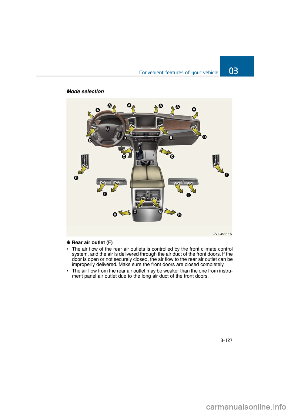 Hyundai Equus 2016 Owners Manual 3-127
Convenient features of your vehicle03
Mode selection
OVI045111N
❈
❈
Rear air outlet (F)
The air flow of the rear air outlets is controlled by the front climate control system, and the ai Hyundai Equus 2016 Owners Manual 3-127
Convenient features of your vehicle03
Mode selection
OVI045111N
❈
❈
Rear air outlet (F)
The air flow of the rear air outlets is controlled by the front climate control system, and the ai