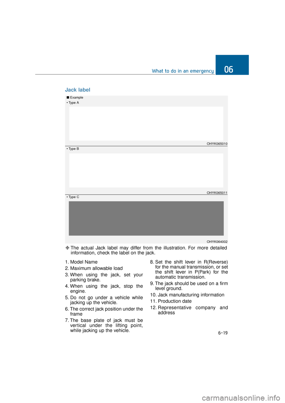 Hyundai Equus 2016  Owners Manual 1. Model Name
2. Maximum allowable load
3. When using the jack, set yourparking brake.
4. When using the jack, stop the engine.
5. Do not go under a vehicle while jacking up the vehicle.
6. The correc