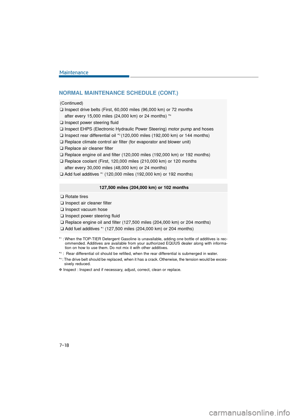 Hyundai Equus 2016  Owners Manual NORMAL MAINTENANCE SCHEDULE (CONT.)
7-18
Maintenance
(Continued)
❑Inspect drive belts  (First, 60,000 miles (96,000 km) or 72 months 
after every 15,000 miles (24,000 km) or 24 months) *
4
❑ Inspe