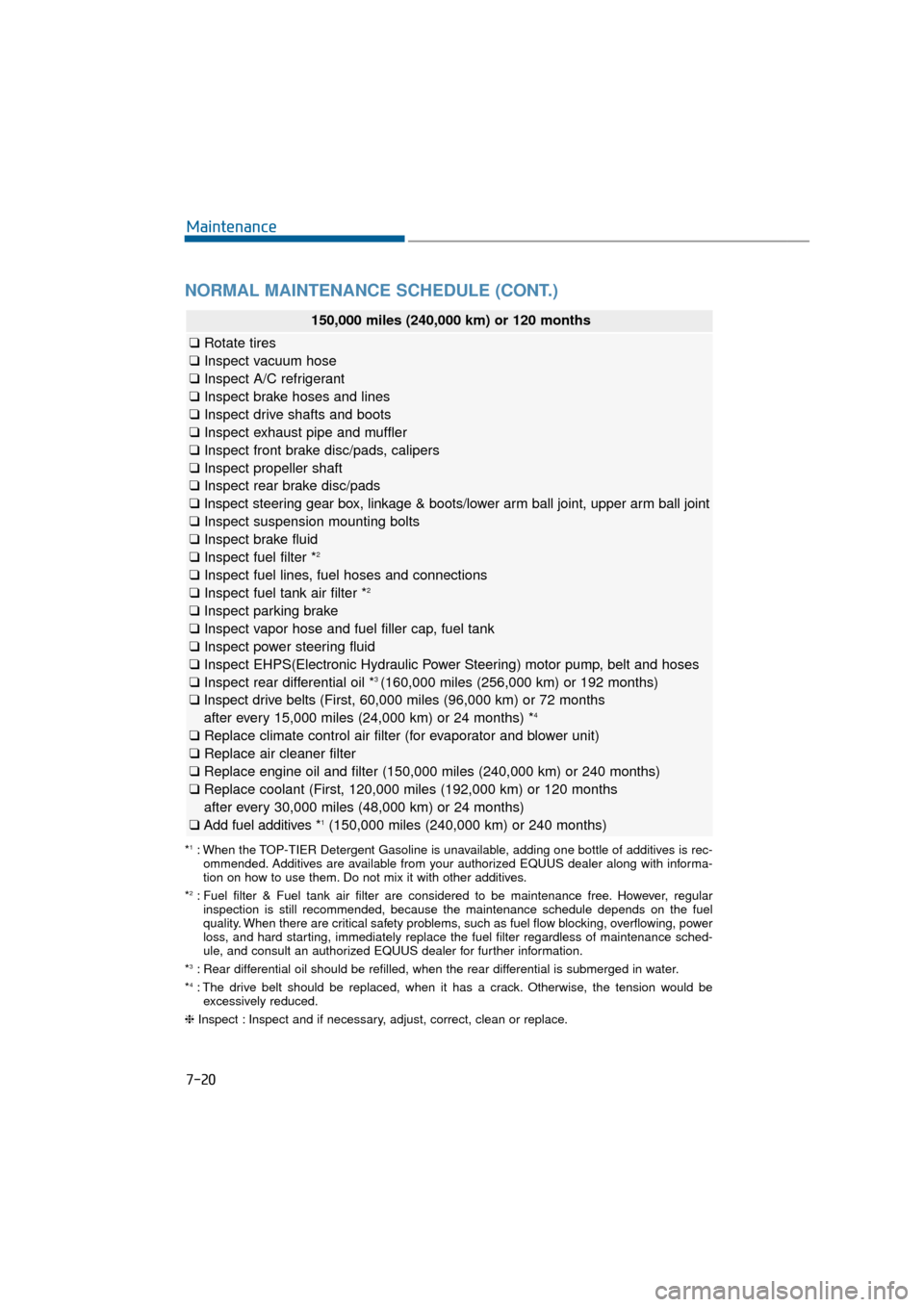 Hyundai Equus 2016  Owners Manual NORMAL MAINTENANCE SCHEDULE (CONT.)
7-20
Maintenance
150,000 miles (240,000 km) or 120 months
❑Rotate tires
❑ Inspect vacuum hose
❑ Inspect A/C refrigerant
❑ Inspect brake hoses and lines
❑ 
