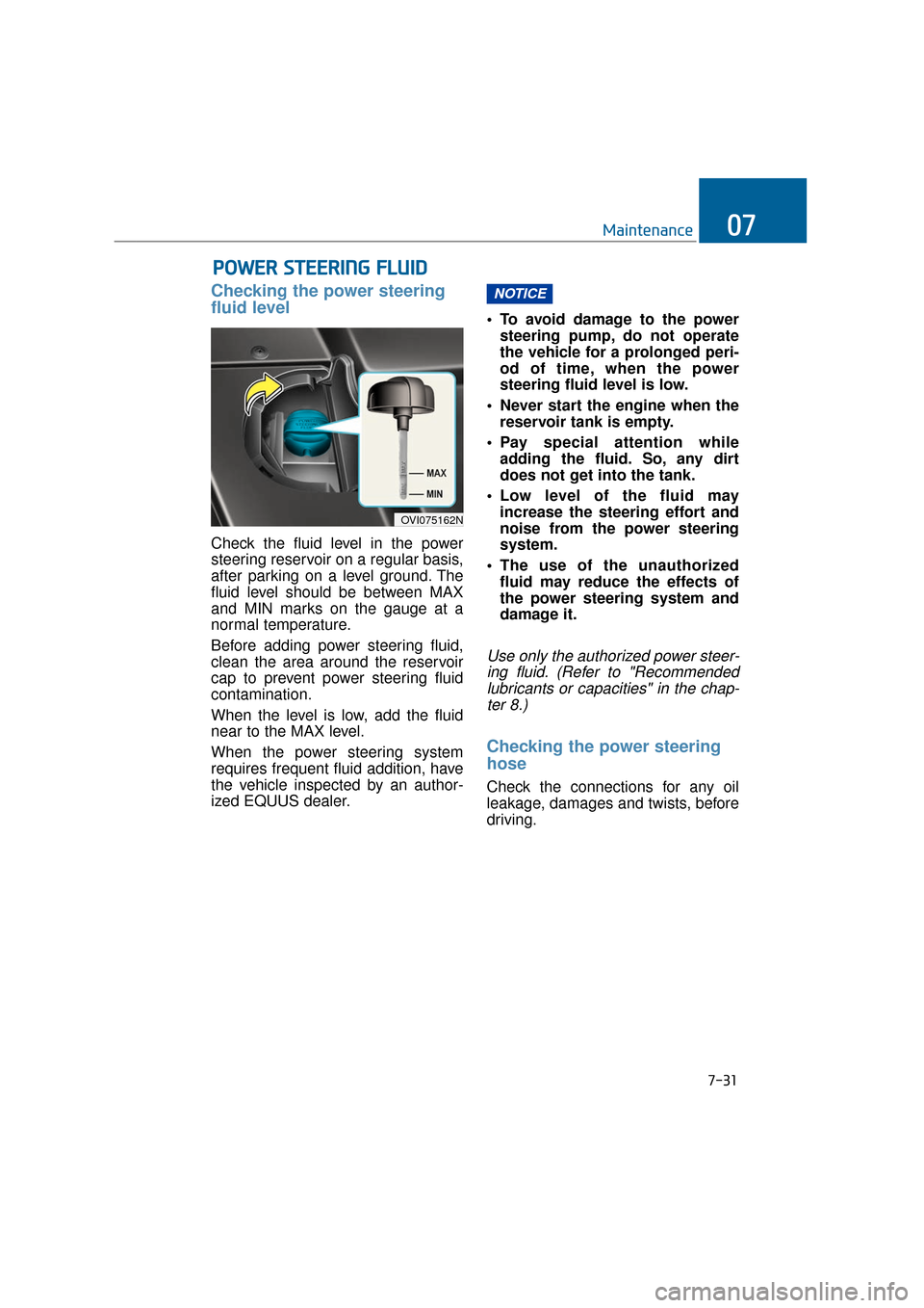 Hyundai Equus 2016  Owners Manual 7-31
Maintenance07
Checking the power steering
fluid level  
Check the fluid level in the power
steering reservoir on a regular basis,
after parking on a level ground. The
fluid level should be betwee