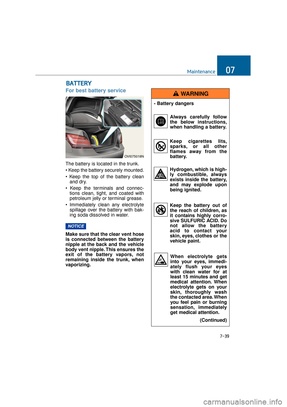 Hyundai Equus 2016  Owners Manual 7-39
Maintenance07
For best battery service
The battery is located in the trunk.

and dry.
 tions clean, tight, and coated with
petroleum jelly or terminal grease.
 spillage over the battery with bak-