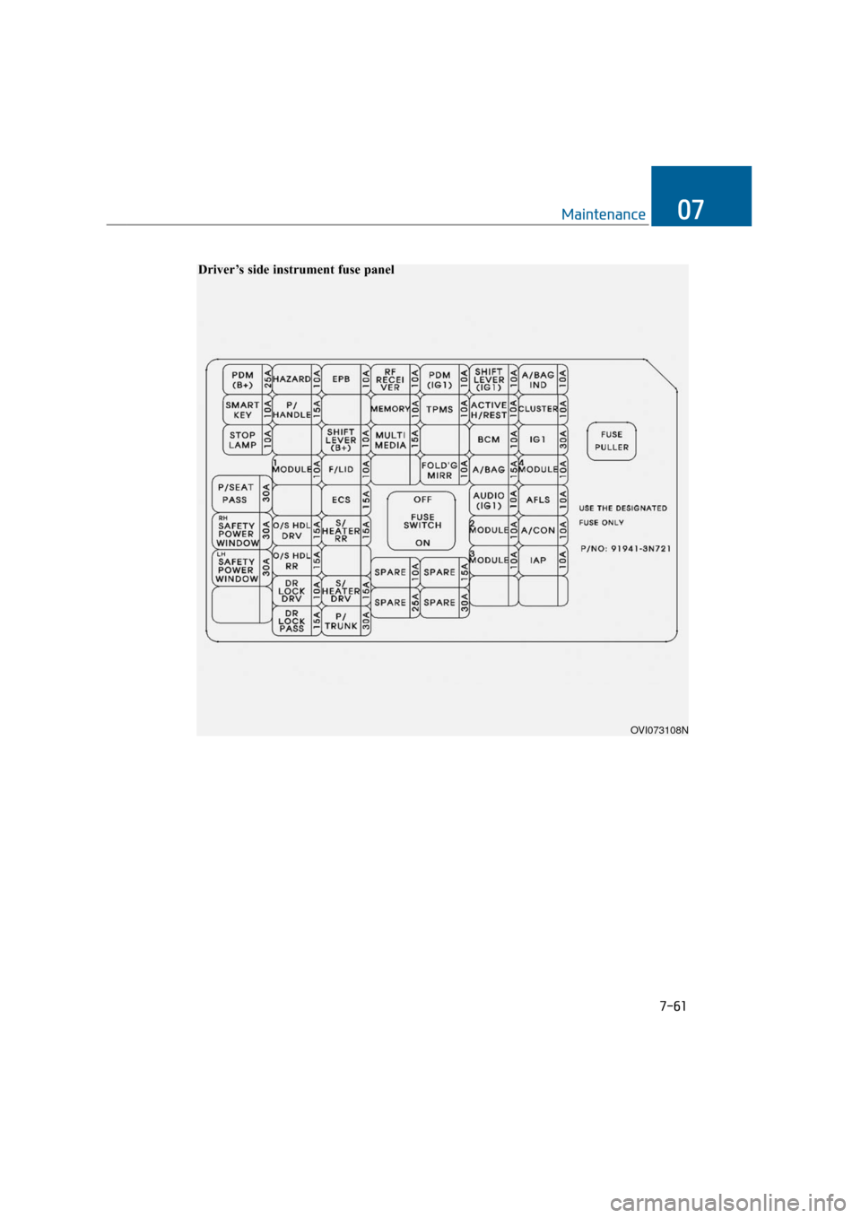 Hyundai Equus 2016  Owners Manual 7-61
Maintenance07
OVI073108N
Driver’s side instrument fuse panel 