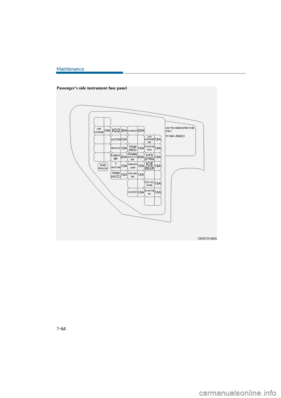 Hyundai Equus 2016  Owners Manual 7-64
Maintenance
OVI073160N
Passenger’s side instrument fuse panel 